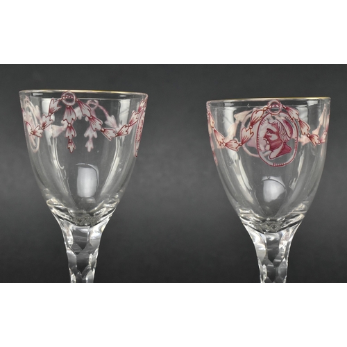 25 - A rare pair of late 18th century c1790 Jacobite wine glasses. Each wine glass with funnel bowl, gilt... 