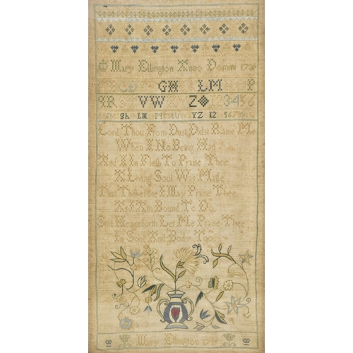 34 - An early 18th century needlework framed sampler by Mary Ellington. The sampler of rectangular form w... 