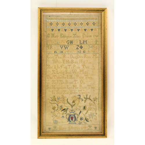 34 - An early 18th century needlework framed sampler by Mary Ellington. The sampler of rectangular form w... 