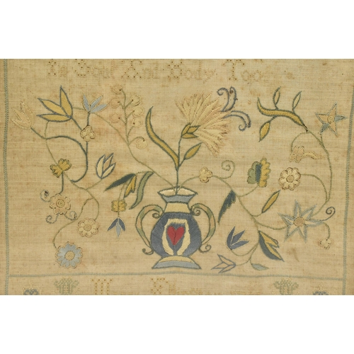 34 - An early 18th century needlework framed sampler by Mary Ellington. The sampler of rectangular form w... 