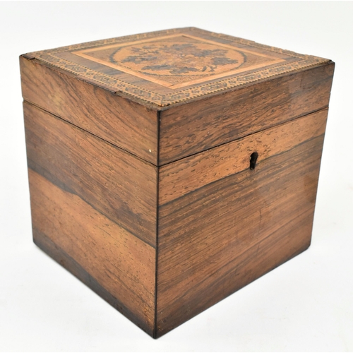 39 - A small 19th century Victorian Tunbridge ware mahogany tea caddy with singular compartment. The cadd... 