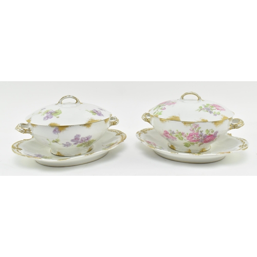 56 - Limoges, France - a pair of early 20th century French porcelain twin handled lidded dishes with stan... 