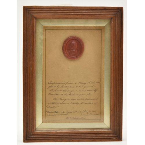 6 - William Shakespeare interest:- a mounted 19th century wax impression from a seal stamp with portrait... 