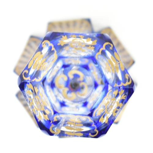 71 - A late 19th century Bohemian flash cut cobalt and gilded ink well. The ink well with hexagonal lid w... 