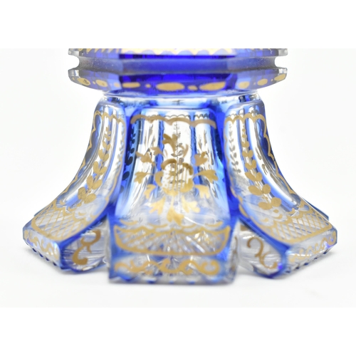 71 - A late 19th century Bohemian flash cut cobalt and gilded ink well. The ink well with hexagonal lid w... 