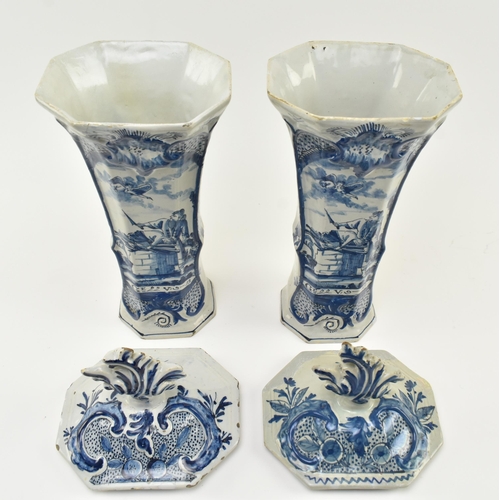 75 - A pair of mid 18th century c1760 Dutch Delft blue and white trumpet vases. Each vase of trumpet form... 