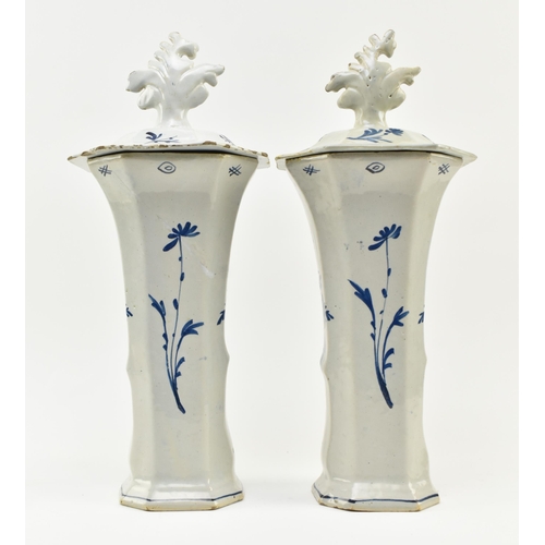 75 - A pair of mid 18th century c1760 Dutch Delft blue and white trumpet vases. Each vase of trumpet form... 