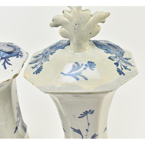 75 - A pair of mid 18th century c1760 Dutch Delft blue and white trumpet vases. Each vase of trumpet form... 