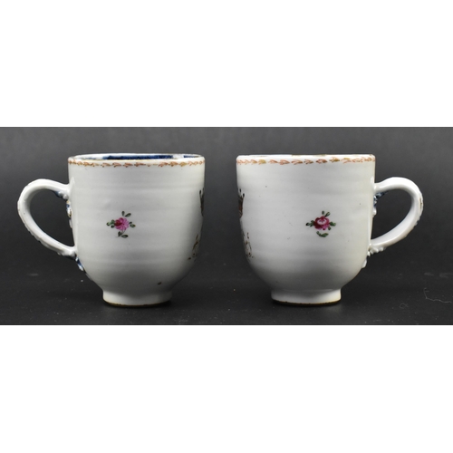 86 - First Period Worcester - a pair of late 18th century circa 1770 porcelain armorial tea cups. Each cu... 