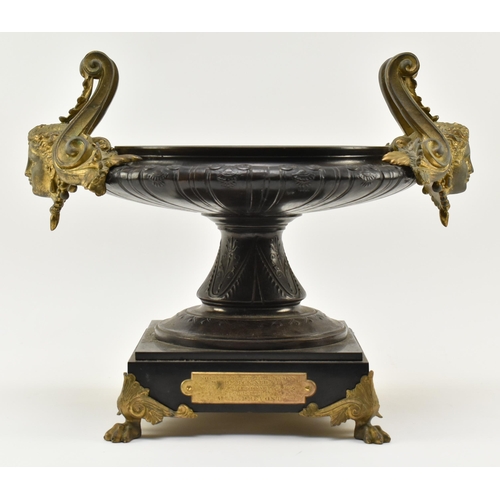 98 - A late 19th century 1886 French Neoclassical gilt metal and bronze tazza urn. The prize trophy featu... 