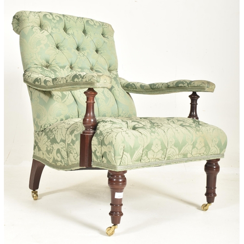 184 - In the manner of Howard & Sons - A Victorian 19th century mahogany & Damask upholstered armc... 