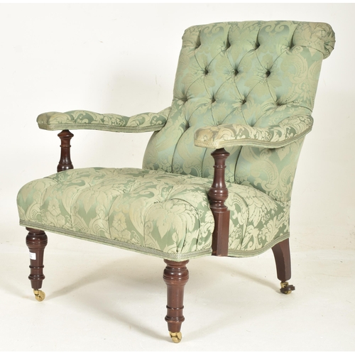 184 - In the manner of Howard & Sons - A Victorian 19th century mahogany & Damask upholstered armc... 