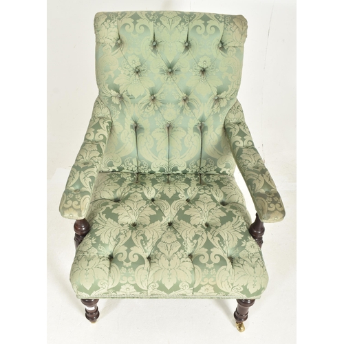 184 - In the manner of Howard & Sons - A Victorian 19th century mahogany & Damask upholstered armc... 