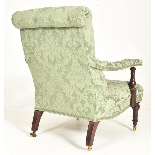 184 - In the manner of Howard & Sons - A Victorian 19th century mahogany & Damask upholstered armc... 