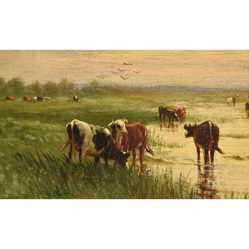 201 - William Frederick Hulk (British, 1852-1922) - Cattle Watering - A late 19th century oil on canvas la... 