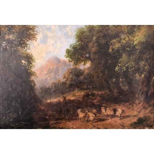 213 - A late 18th / early 19th century English School oil on canvas landscape painting depicting a herd of... 