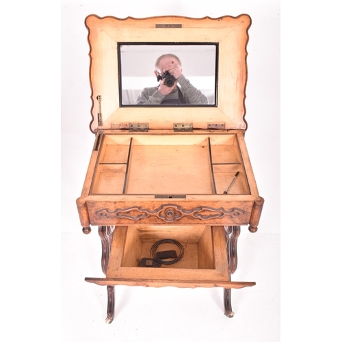 214 - A High Victorian 19th century walnut lyre leg work ladies workbox sewing table. The table having a r... 