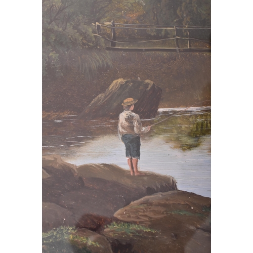 215 - J. B. Hold - A 19th Victorian century oil on paper landscape painting with boy fishing by river bank... 