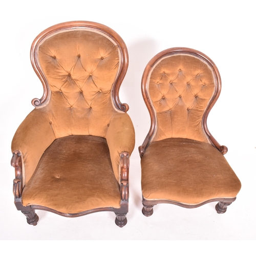 224 - A pair of Victorian 19th century walnut framed buttoned back ladies and gentleman's salon armchairs.... 