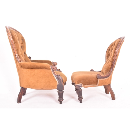 224 - A pair of Victorian 19th century walnut framed buttoned back ladies and gentleman's salon armchairs.... 