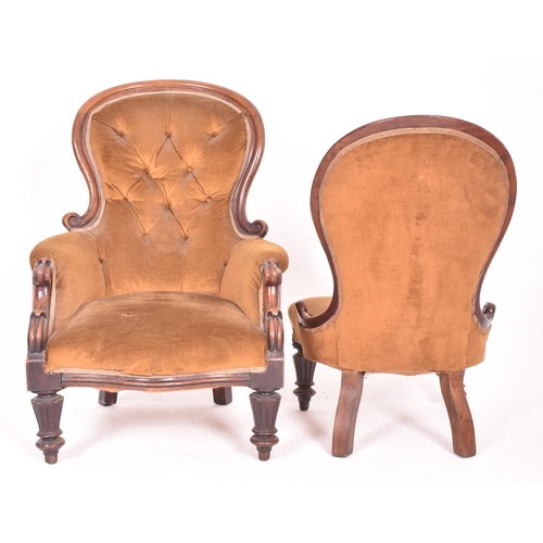 224 - A pair of Victorian 19th century walnut framed buttoned back ladies and gentleman's salon armchairs.... 