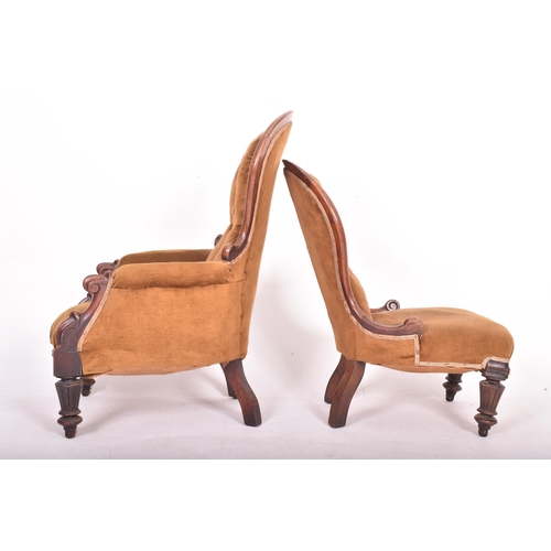 224 - A pair of Victorian 19th century walnut framed buttoned back ladies and gentleman's salon armchairs.... 