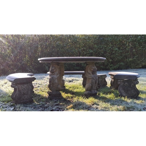 234 - A large 20th century composite stone circular garden outdoor table with curved benches. The table ra... 