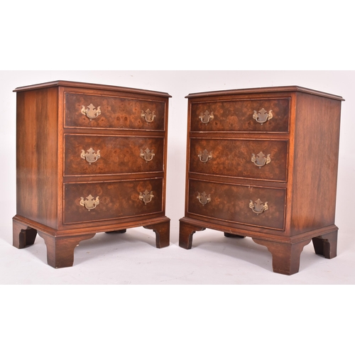 238 - A pair of Queen Anne revival burr walnut veneered bedside chests of drawers. Each chest with an upri... 