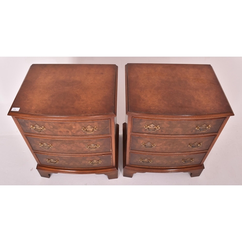 238 - A pair of Queen Anne revival burr walnut veneered bedside chests of drawers. Each chest with an upri... 