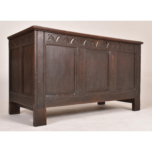 257 - A late 17th century large oak coffer chest. The coffer having a full length hinged lid opening to re... 