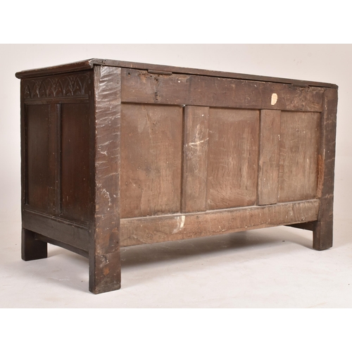 257 - A late 17th century large oak coffer chest. The coffer having a full length hinged lid opening to re... 