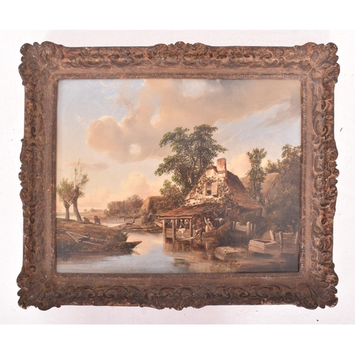 264 - English school - A 19th century oil on board genre painting of a riverside scene. The painting depic... 