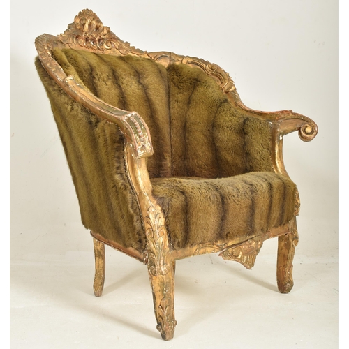 281 - A French 19th century giltwood & faux fur upholstered Provincial fauteiul bergere armchair. The ... 