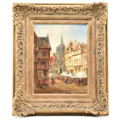 283 - A late 19th century continental oil on board town martket scene painting. The painting depicting a s... 