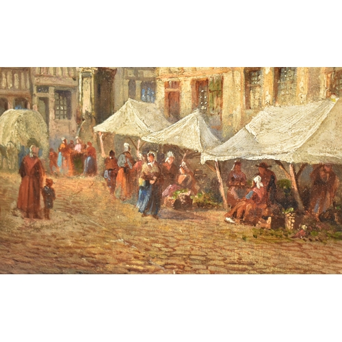 283 - A late 19th century continental oil on board town martket scene painting. The painting depicting a s... 