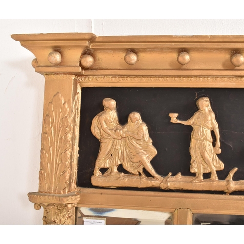 296 - A Regency 19th century gilt wood and gesso triptych overmantel wall mirror. The mirror having a flar... 