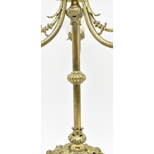 302 - An Art Nouveau early 20th century brass & frosted glass three arm ceiling electrolier chandelier... 