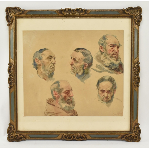 306 - Guido Bach (German, 1828-1905) - A 19th century watercolour on paper sketch painting of men's faces.... 