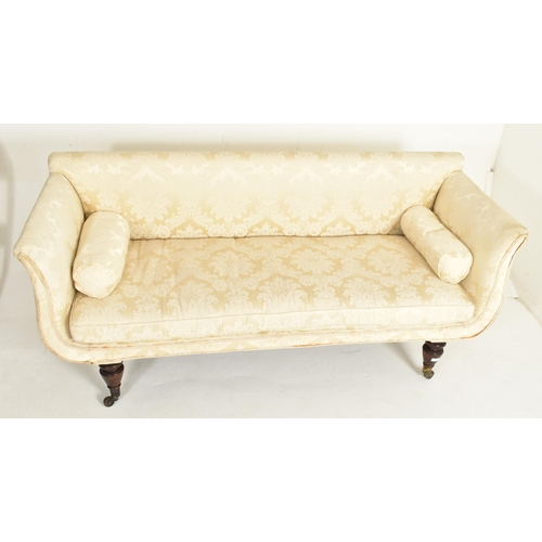 358 - A 19th century Damask fabric upholstered double scrolled settee sofa. The sofa having a padded uprig... 