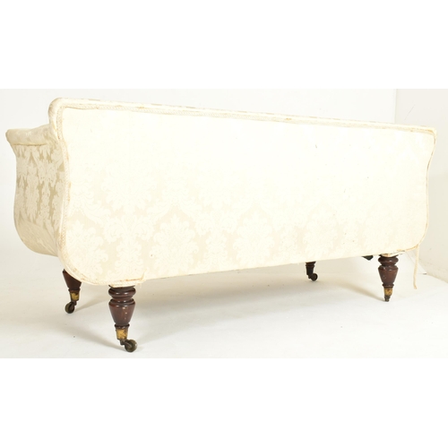 358 - A 19th century Damask fabric upholstered double scrolled settee sofa. The sofa having a padded uprig... 