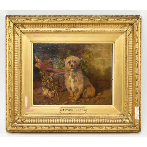 360 - Attributed to Arthur Batt (British, 1846-1911) - Terrier with basket - A late 19th century oil on bo... 