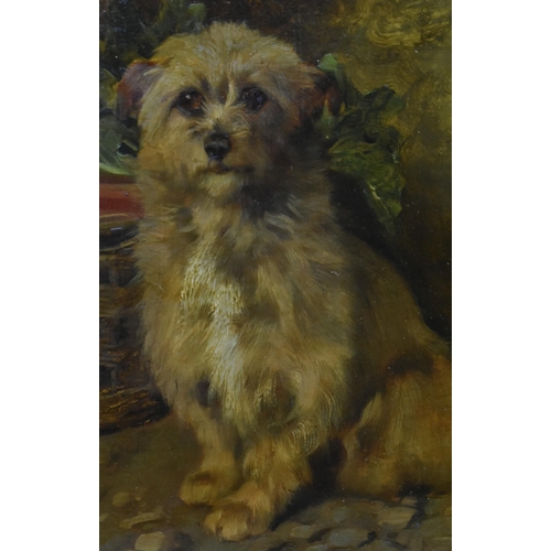 360 - Attributed to Arthur Batt (British, 1846-1911) - Terrier with basket - A late 19th century oil on bo... 