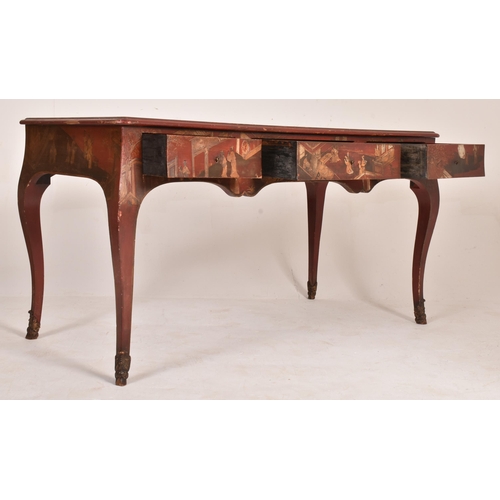 385 - An early 20th century Chinoiserie red lacquered writing desk table. The table having a rectangular t... 