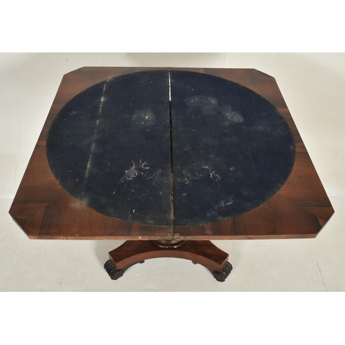 387 - A William IV 19th century rosewood fold top card games table. The table having a canted top opening ... 