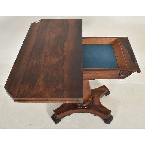 387 - A William IV 19th century rosewood fold top card games table. The table having a canted top opening ... 