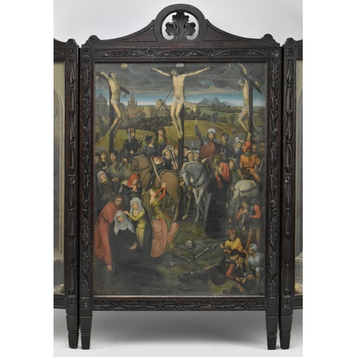 401 - An early 20th century carved wood & glazed front triptych floor panel screen. The wooden frames ... 