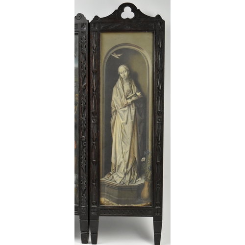 401 - An early 20th century carved wood & glazed front triptych floor panel screen. The wooden frames ... 