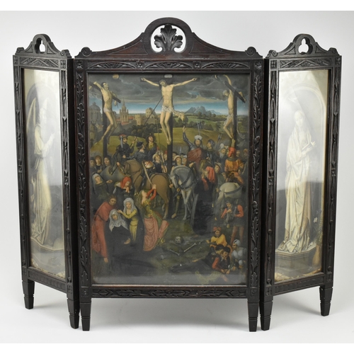 401 - An early 20th century carved wood & glazed front triptych floor panel screen. The wooden frames ... 