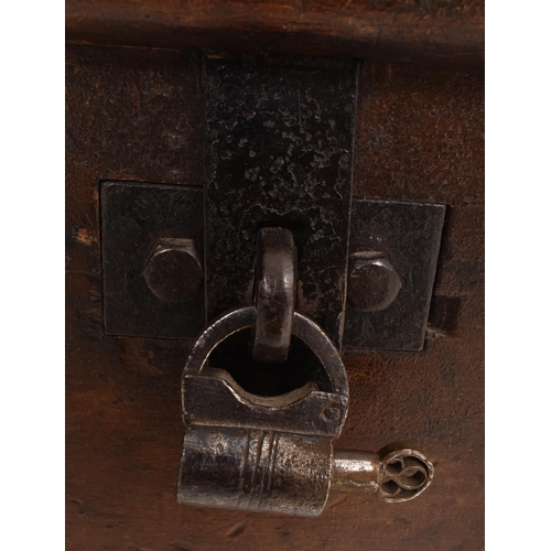 421 - An 18th century oak and ebony stencil decoration bible box - casket chest. The chest having a rectan... 