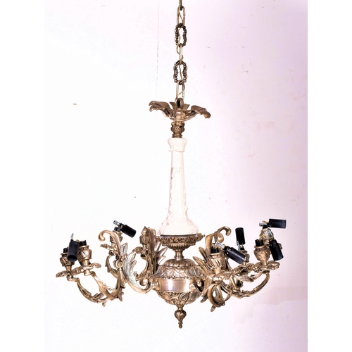 423 - A mid century Italian chrome and ceramic four branch chandelier electrolier. The pendent ceiling lig... 